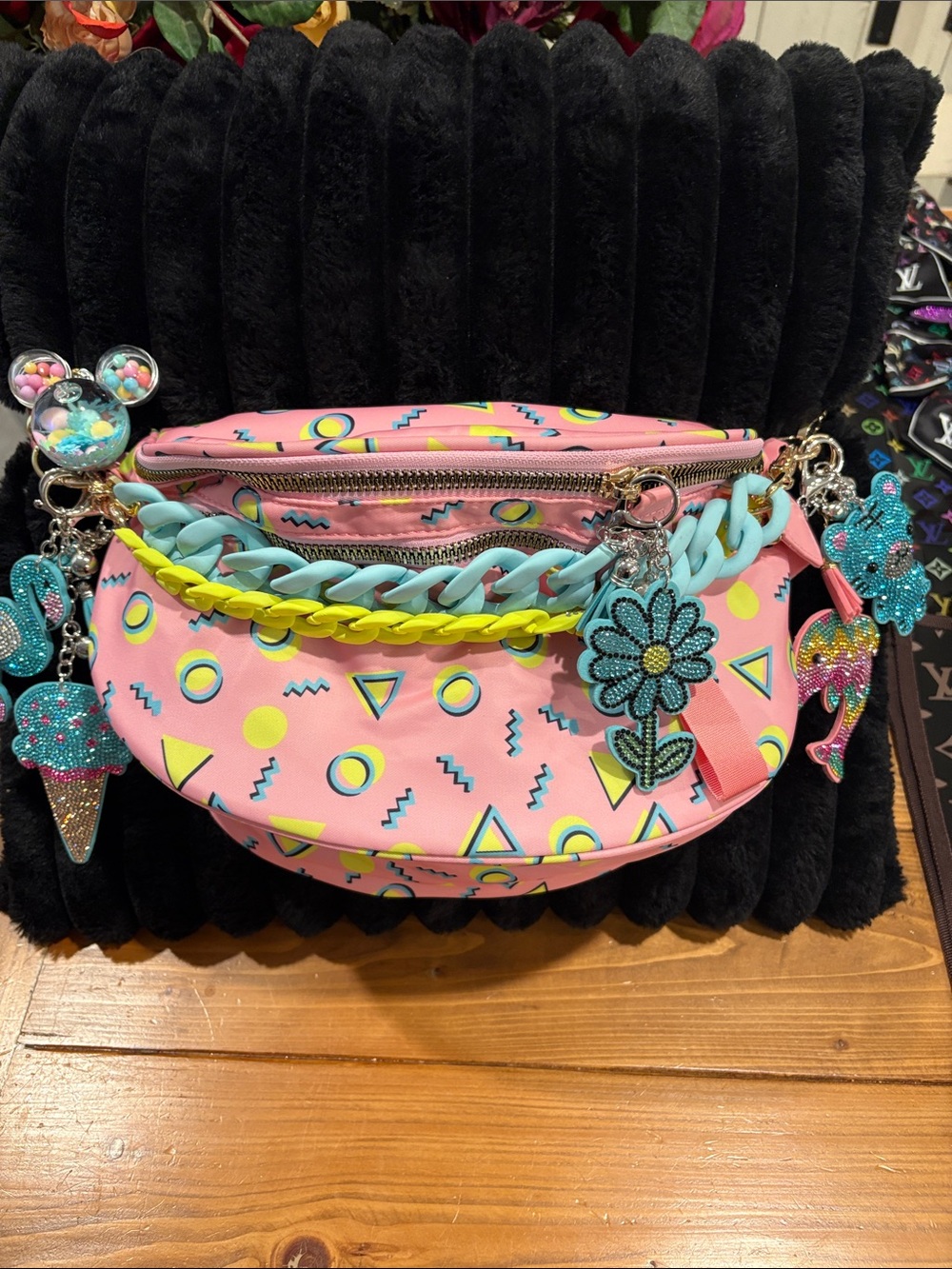 Pink Patterned Crossbody Bag with Blue & Yellow Chains
